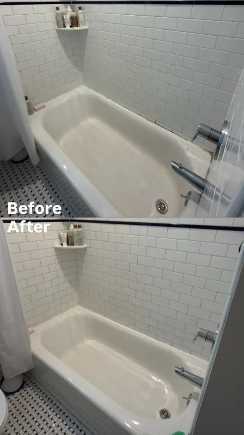 Bathtub before and after a cleaning by C&M Professional Cleaning